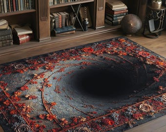Floral Vortex Optical Illusion Rug | Deep 3D Black Hole Rug | Unique Home & Office Decor | Trippy Aesthetic Floor Mat, Rug for Living Room