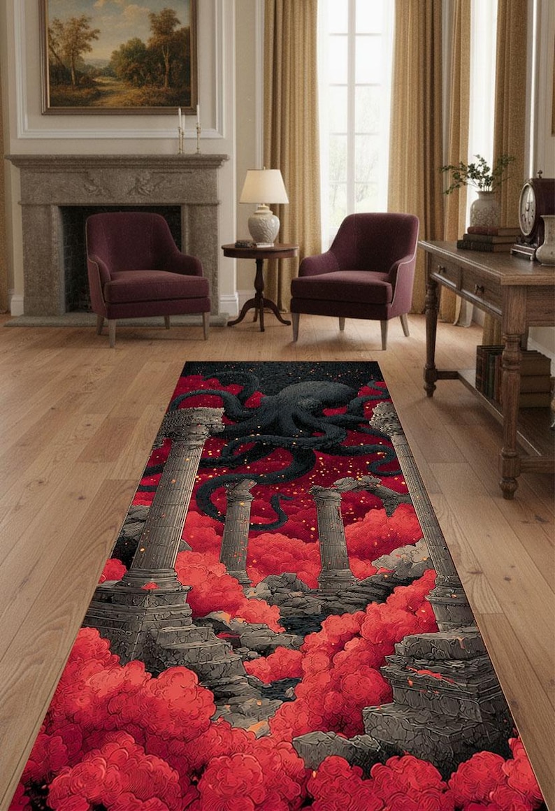 Op de afbeelding: Een rechthoekig vloerkleed met een donker octopusontwerp met lange tentakels, tegen een rode en zwarte achtergrond met oude zuilen en rode wolken. Een decoratief woonaccessoire.