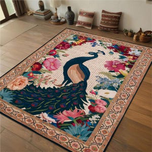 Peacock Rug, Peacock Classic Pattern Rectangle Rug, Peacock Patterned Rug, Animal Decor Rug, Flowers Rug, Garden Rug, Living Room Rug