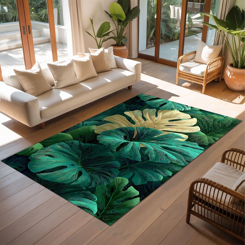 Outdoor Tropical Leaf Rug, Green Gold Botanical Patio Deck Carpet ...