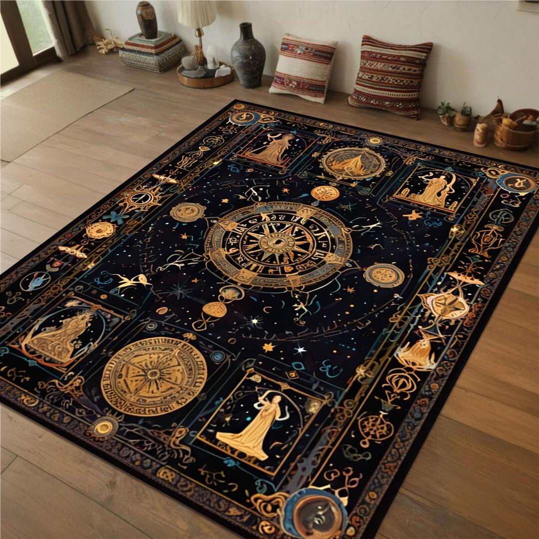 Celestial Zodiac Astrology Rug With Gold Constellations, Starry Sky ...