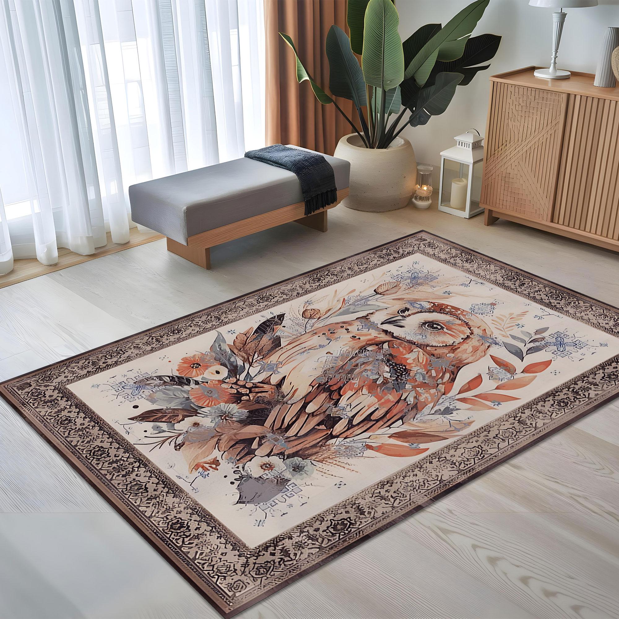 Owl Floral Rug, Vintage Style Rug, Classic Animal Decor Rug, Elegant Bird Print Area Rug, Antique St