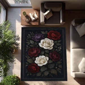 Dark Floral Rose Rug, Black Background Vintage Garden Carpet, Elegant Gothic Baroque Washable Area Rug For Bedroom, Living Room, Home Gift