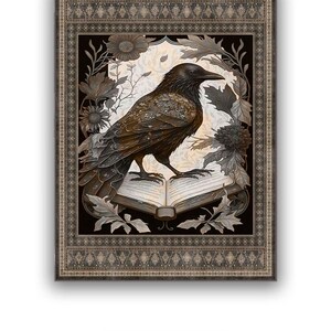 May include: A black raven perched on an open book with a detailed illustration of flowers and leaves. The image is framed with a decorative border.