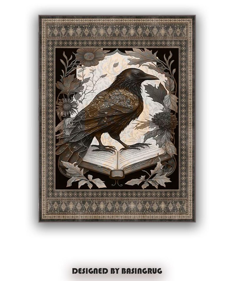 May include: A black raven perched on an open book with a detailed illustration of flowers and leaves. The image is framed with a decorative border.