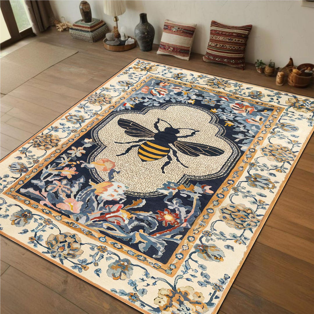 Bee Rug Runner Bee Floral Rug - Elegant Cream and Navy Design With Intricate Floral ...
