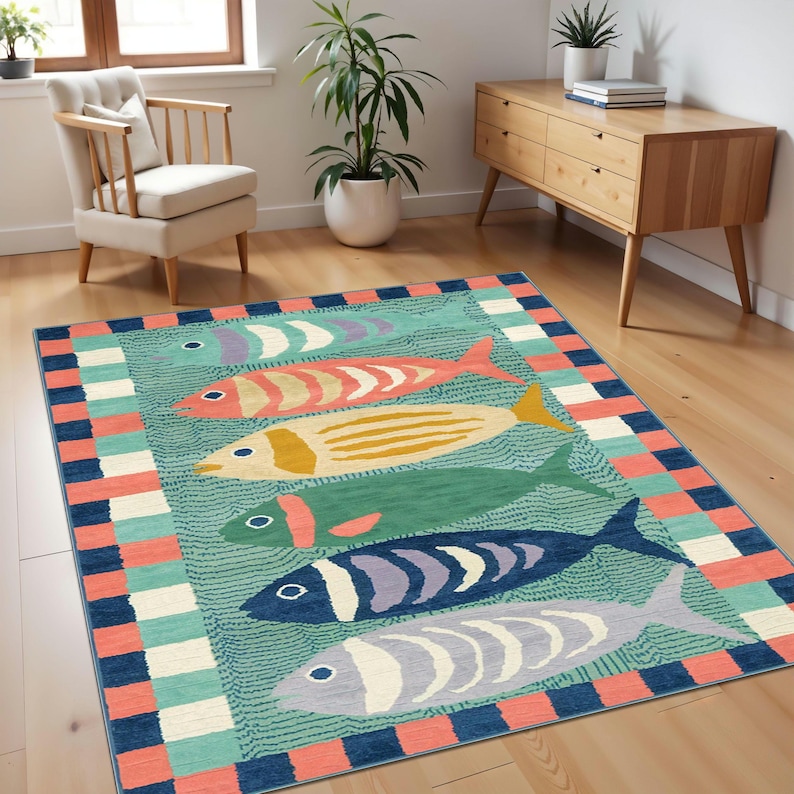 Outdoor Fish Rug Patterns Fish Pattern Rug, Nautical Coastal Decor, Tropical Marine Life Mat - Etsy