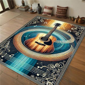 Decorative Guitar Rug with Artistic Swirl Patterns and Musical Notes,Musical instrument Design Rug,Ideal for Music Studios and Living Spaces