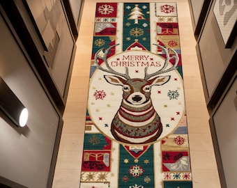 May include: A rectangular Christmas-themed rug featuring a reindeer design with the text "MERRY CHRISTMAS". The rug has a cream-colored background with a reindeer in the center, surrounded by snowflakes and other festive patterns. The rug is approximately 60 inches long.