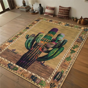 Könnte beinhalten: Ein brauner und beiger Teppich mit einem großen, farbenfrohen Kaktus-Design. Der Teppich hat einen geometrischen Rand mit einem sich wiederholenden Muster.