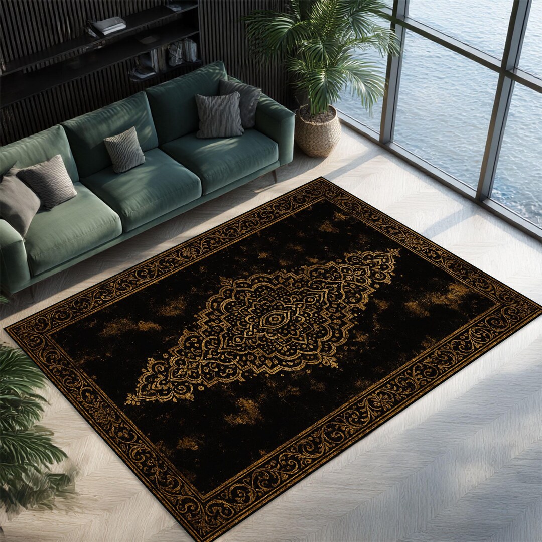 Fancy Gold Rug Luxury Baroque Gold Rug, Black Distressed Mandala Carpet, Elegant ...
