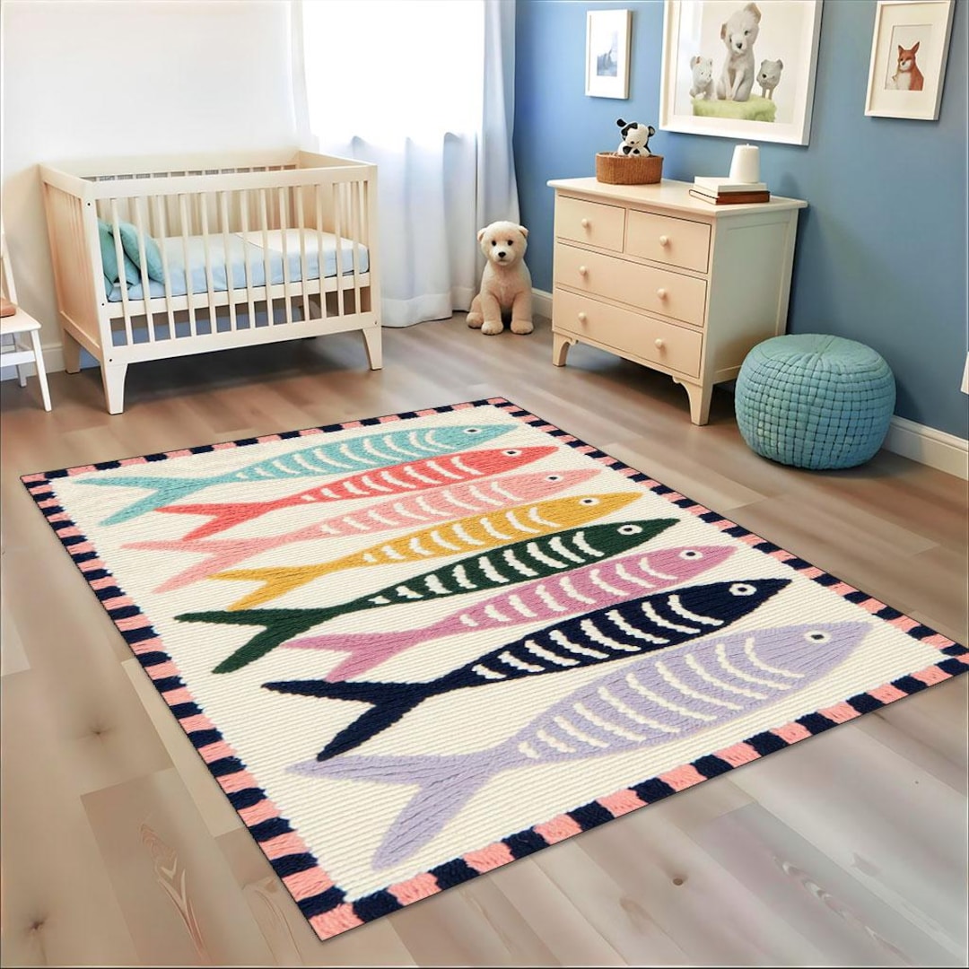 Bright Rug Fun Playful Fish Rug With Bold Stripes and Bright Colors, Nursery Rug, Play ...