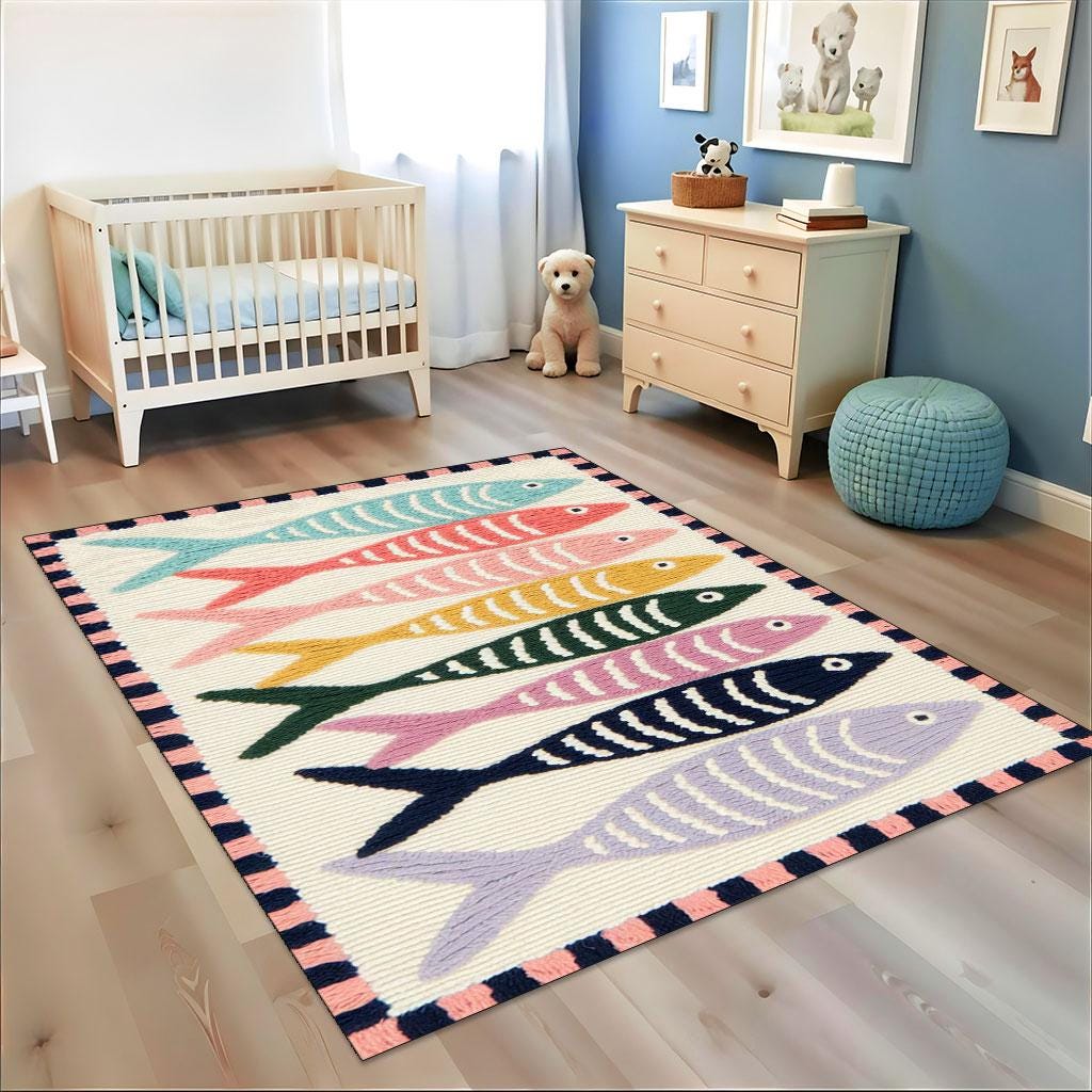 Playful Rug Playful Fish Rug With Bold Stripes and Bright Colors, Nursery Rug, Play ...
