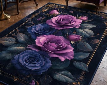 Purple Rose Rug Gothic Floral Area Rug Dark Academia Bedroom Decor Moody Vintage Botanical Living Room Carpet Gift For Her