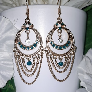 gold earrings, teal, boho earrings, gift for her, gold color, one of a kind, Bohemian earrings, Long, earrings, Dangle boho earrings