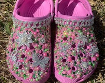 Roze / groene Bling Custom Crocs ~ Maat 7 Nu verkrijgbaar!