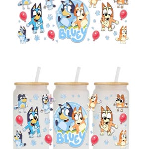 Bluey Tumbler~Glass Tumbler with Straw & Lid~ Frosted or Clear Tumbler~16oz Tumbler