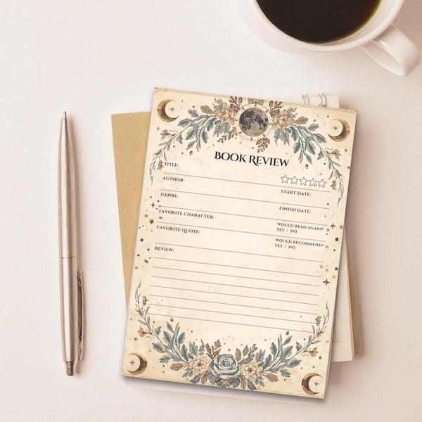 Book Review Sticky Notepad | Vintage-Style Floral Moon Junk Journal Reading Log, Book Lover Gift, Book Tracker, Gift for Bookworms Book Club