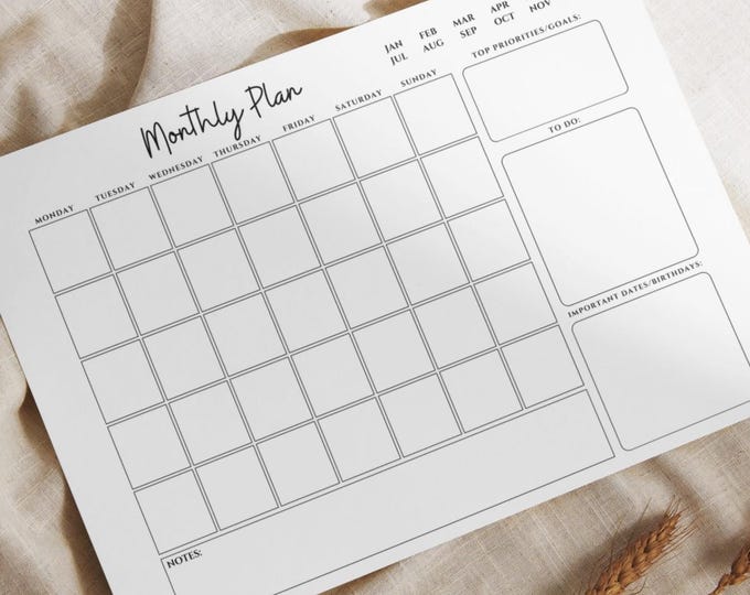Blank Monthly Calendar Printable With Notes Section, Minimalist ...