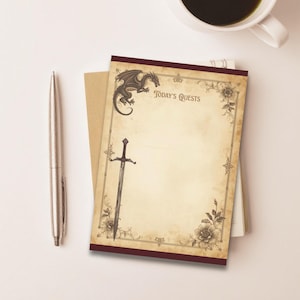 Medieval Dragon Sticky Notepads, Gothic Dark Fantasy Medieval Sword Notes, Renaissance Writing Pad, Junk Journal Insert