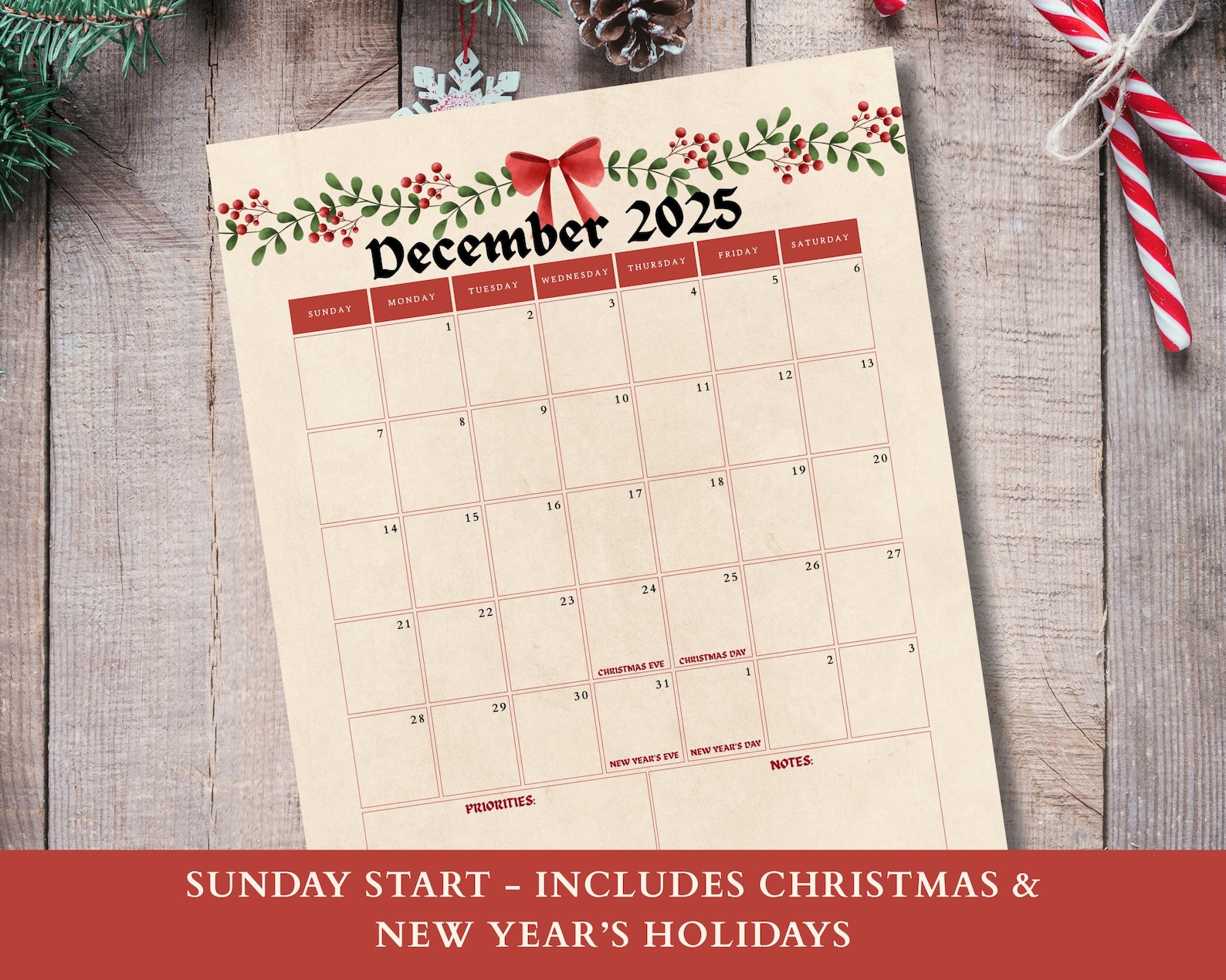 December 2025 Holiday Calendar, Christmas Planner, Monthly Schedule