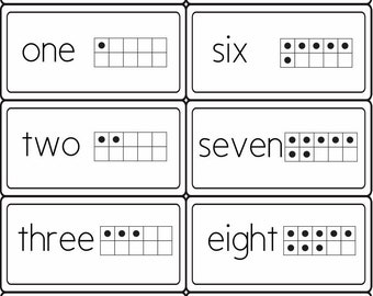 May include: Black and white printable flashcards with the numbers zero through nine written out and represented by dots in a ten frame.