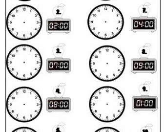 May include: A printable worksheet with analog clocks and digital clocks showing different times. The worksheet is designed to help children learn to tell time.
