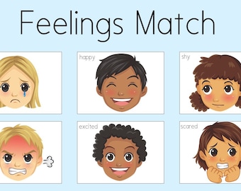 Op de afbeelding: Een grafiek met de titel "Feelings Match" toont zes verschillende gezichten die emoties uitdrukken. De emoties zijn: verdriet, blijdschap, verlegenheid, boosheid, opwinding en angst.
