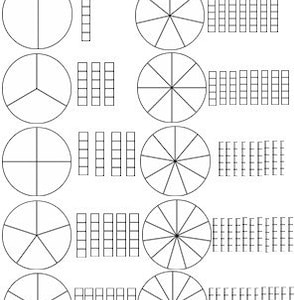 May include: Black and white worksheet with circles divided into different fractions. The circles are accompanied by a series of squares to represent the fractions.