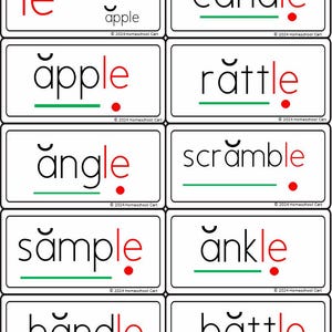 May include: Flash cards with words like "apple", "candle", and "rattle" in black font, with the last syllable in red. Each card has a green line and a red dot. The text "©2024 Homeschool Cart" is at the bottom of each card.