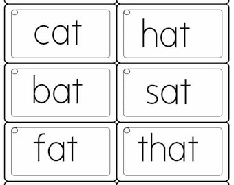 May include: A set of ten flashcards with black outlines and white backgrounds. Each card has a different word with the letter combination "at" in it. The words are "at", "rat", "cat", "hat", "bat", "sat", "fat", "that", "mat", and "flat".
