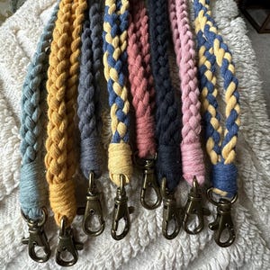 handmade macrame lanyard: organic cotton badge holder with brass clip