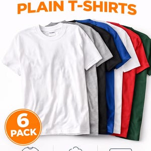 以下が含まれることがあります： 白、グレー、黒、青、赤、緑など、さまざまな色の無地Tシャツ6枚パック。 シャツはユニセックスフィットで、綿100％、サイズS～XLがあります。 画像のテキストは「6 Pack Plain T-Shirts」と「Basic Everyday Shirts」です。
