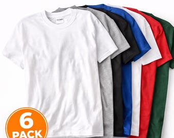 May include: A pack of six plain t-shirts in various colors, including white, gray, black, blue, red, and green. The shirts are unisex fit, made of 100% cotton, and available in sizes S-XL. The text on the image says "6 Pack Plain T-Shirts" and "Basic Everyday Shirts".