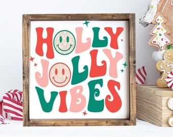 Holly Jolly Vibes - wood framed sign - Christmas minis - retro Christmas - vintage - christmas coffee bar - kitchen decor - tiered tray sign