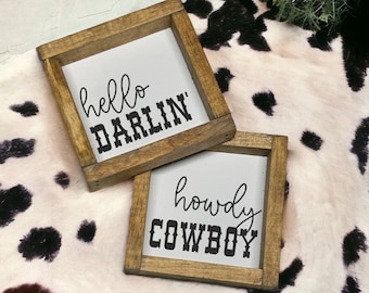 Hallo lieveling Howdy Cowboy set - mini houten bord - westers decor - plankoppas - dienbladdecor - badkamerdecor -