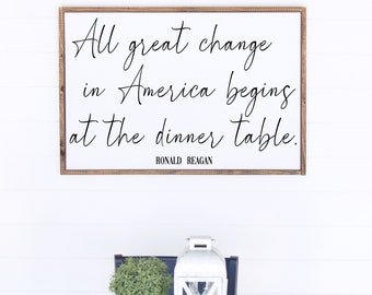 All great change in America begins at the dinner table - Reagan - wood signs - patriotic home decor - kitchen - military gift - military art