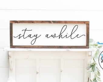 Stay awhile - wood sign - above couch - living room decor - entry way wall art - welcome sign - family room - photo collage - frames - quote