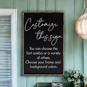 May include: A black chalkboard sign with a wooden frame, featuring the text "Customize this sign". The sign also includes instructions for customizing the font, frame, and background colors.