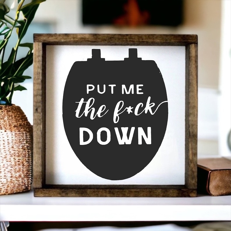 Put me the F down - wood signs - funny bathroom decor - bathroom wall art - adult humor - boys bathroom - bathroom shelf decor - image 2