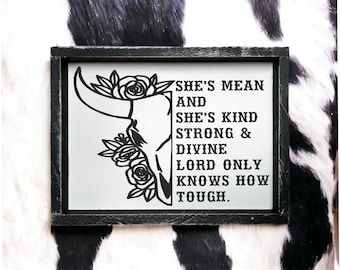 Ella es mala y amable - Dios solo sabe cuán duro - letreros de madera occidentales - arte de pared del suroeste - cuerno largo - decoración campestre - sala de rodeo