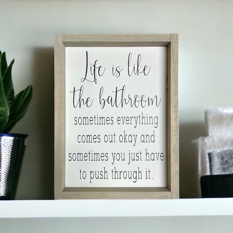 May include: A framed sign with the text "Life is like the bathroom, sometimes everything comes out okay and sometimes you just have to push through it." The frame is light gray, and the background is white.