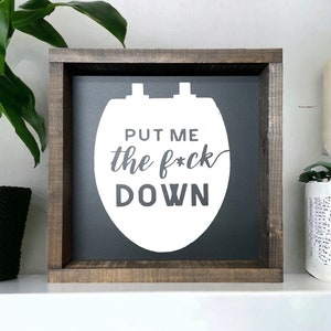 Put me the F down - wood signs - funny bathroom decor - bathroom wall art - adult humor - boys bathroom - bathroom shelf decor - image 1