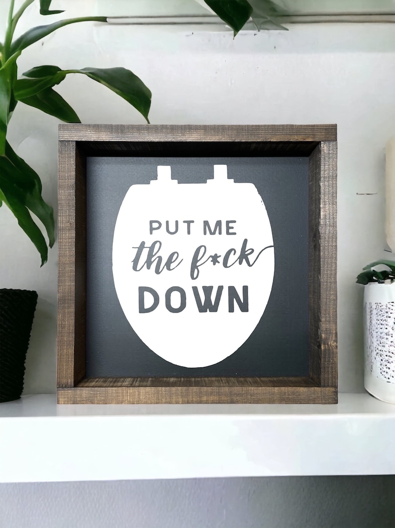 Put me the F down - wood signs - funny bathroom decor - bathroom wall art - adult humor - boys bathroom - bathroom shelf decor - image 1