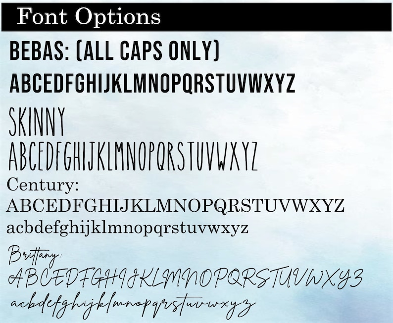 May include: A graphic showing different font options for a design project. The fonts are Bebas, Skinny, Century, and Brittany. Each font is shown in both uppercase and lowercase letters.