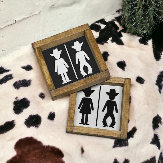 Cowboy Cowgirl - western restroom - cowboy bathroom - mini wood sign - western decor - shelf sitter - tray decor - bathroom decor -