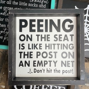 Peeing on the seat - bathroom signs - hockey - hockey decor - boys bathroom - funny bathroom decor Black Distressed