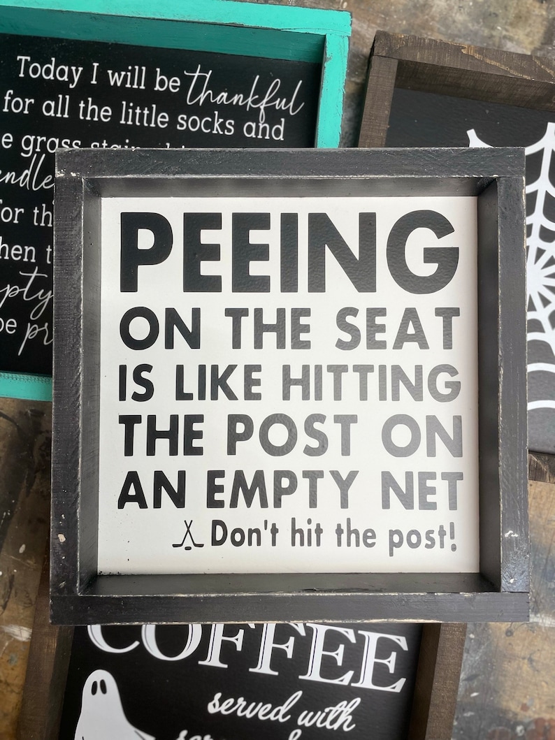 Peeing on the seat - bathroom signs - hockey - hockey decor - boys bathroom - funny bathroom decor Black Distressed