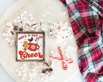 Cup of cheer - wood framed sign - Christmas minis - retro Christmas - gingerbread - christmas coffee bar - kitchen decor - tiered tray sign