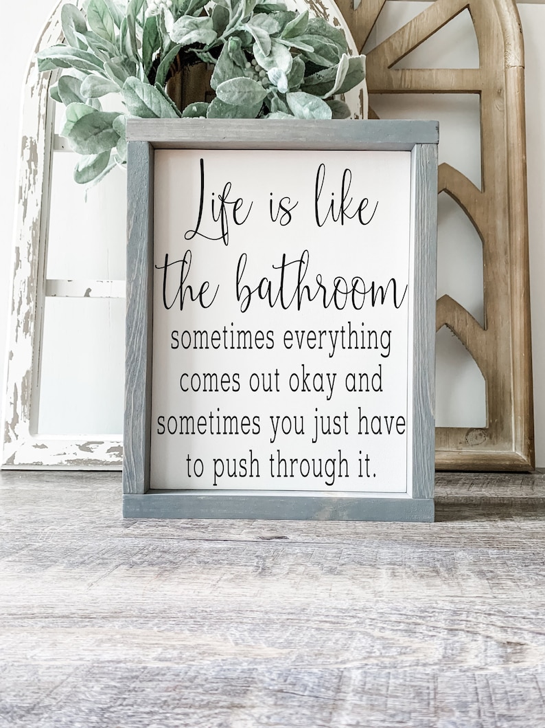 May include: A framed sign with a gray border and white background. The sign reads "Life is like the bathroom, sometimes everything comes out okay and sometimes you just have to push through it."